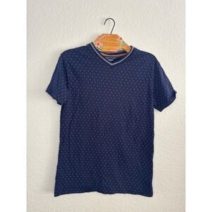 Craft + Flow V-Neck T-Shirt Small Excellent Navy Blue Tan Palm Tree Print Cotton